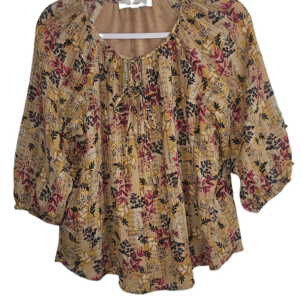 LOFT Floral Tie Neck Top PETITE MEDIUM